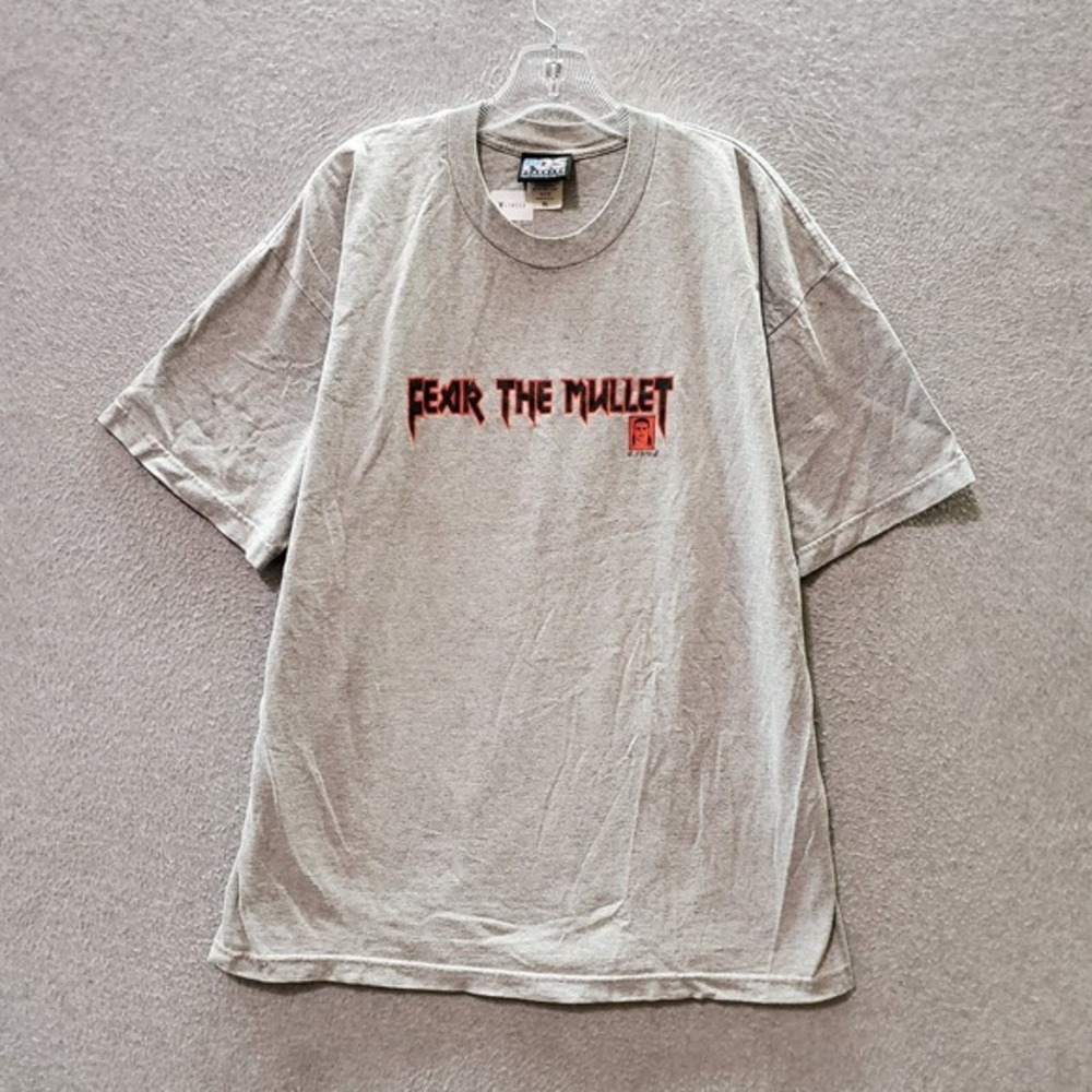 VINTAGE Fear The Mullet Men T-Shirt XL Gray Logo Spellout Short Sleeve 90s